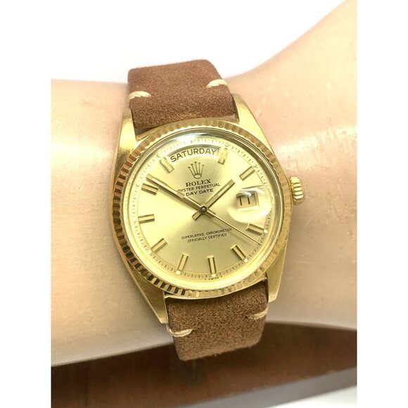 Rolex Men's Watch 1803 Vintage Swiss Automatic 18k Gold Case Brown Leather 36mm - Picture 13 of 16